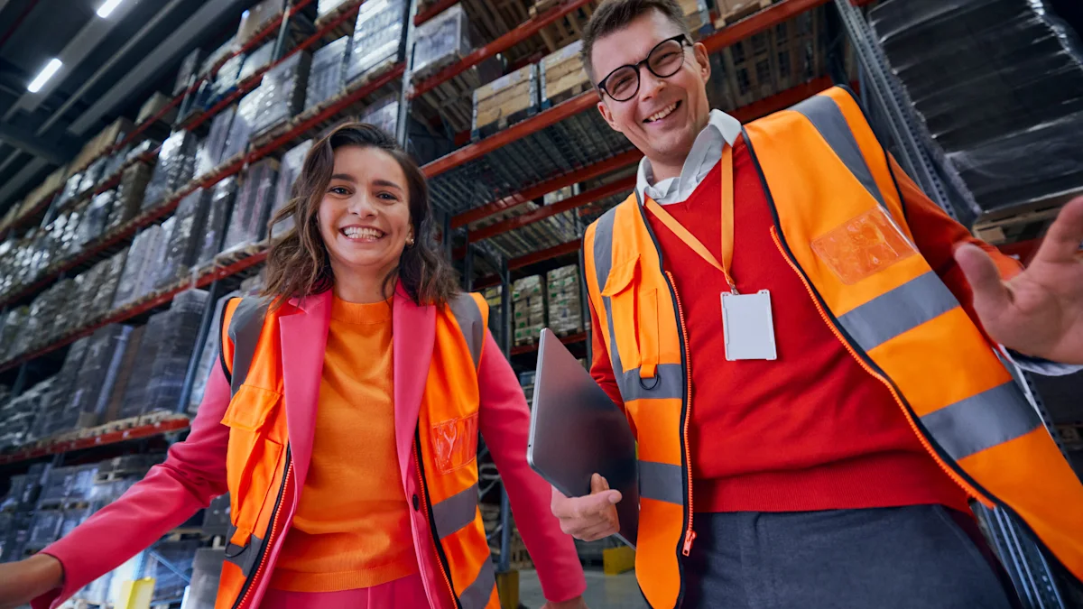 Man and woman inspecting a warehouse