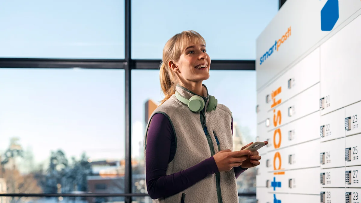 Šypsanti moteris su ausinėmis laiko telefoną prie „Smartpost" paštomatų spintelių.