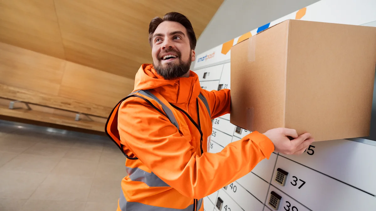 A man taking a parcel from parcel locker.