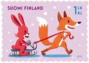 snowflakes, trees, a mouse, birds, berries, and a fox and a rabbit.