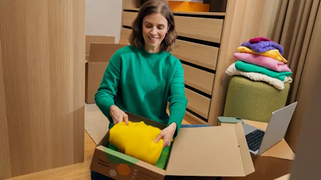 Nainen pakkaa vaatteita pakettiin