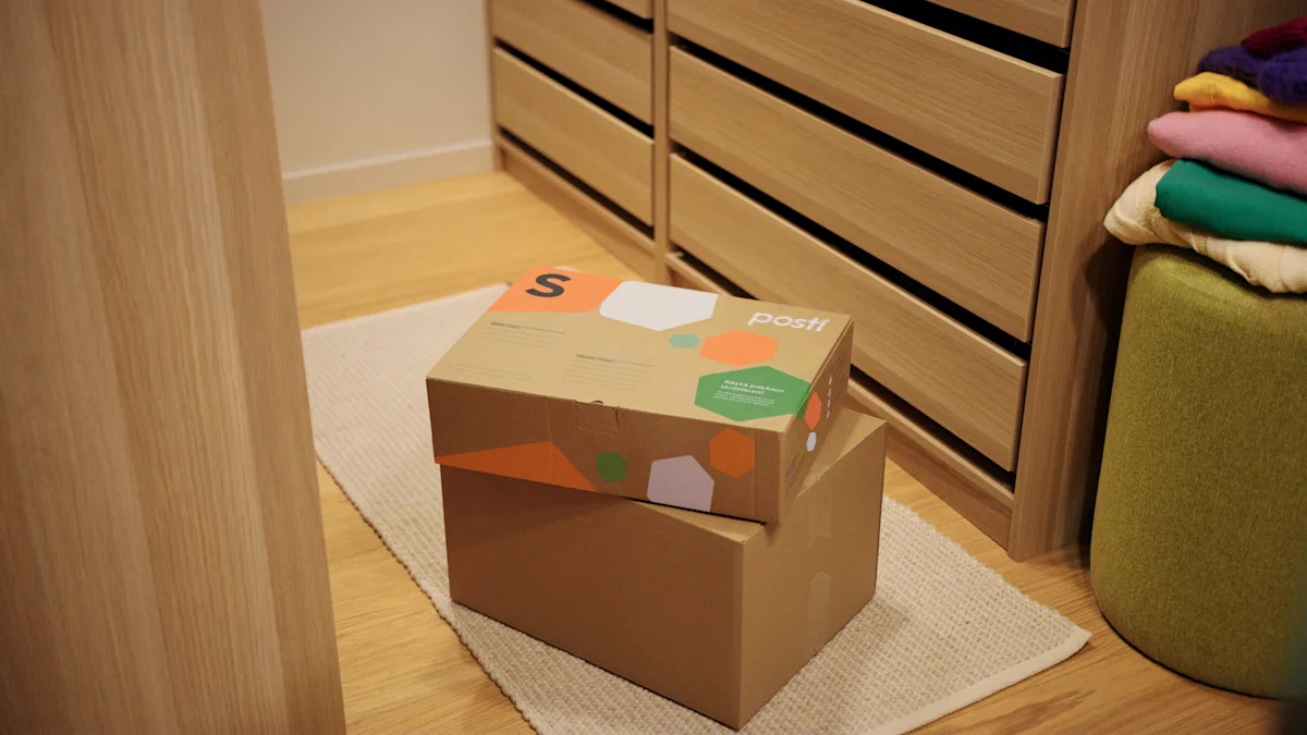 Kaksi pakettia vaatehuoneen lattialla, päällimmäisenä Postin S-kokoinen paketti.