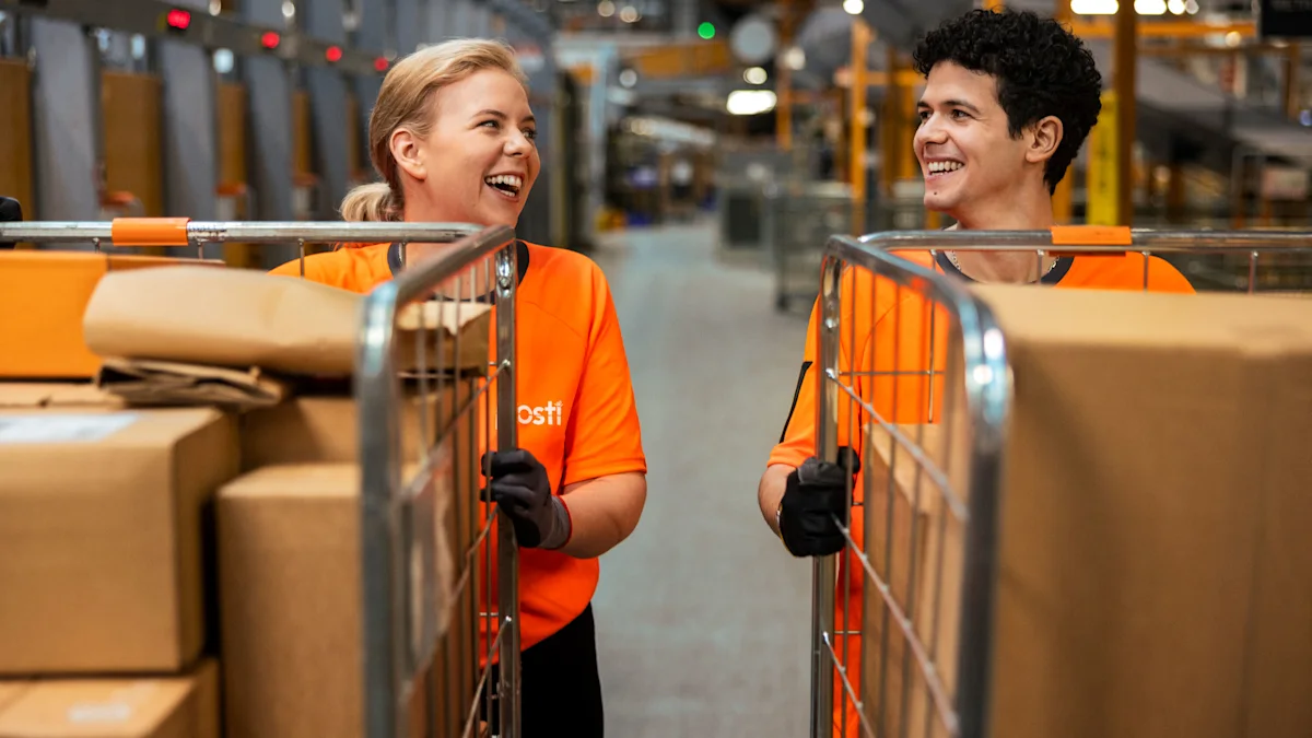 Två Posti-medarbetare kör vagnar med paket