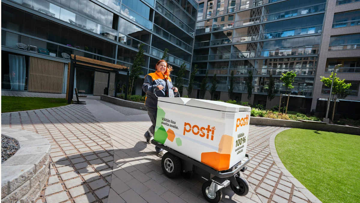 Worker pushing box trolley