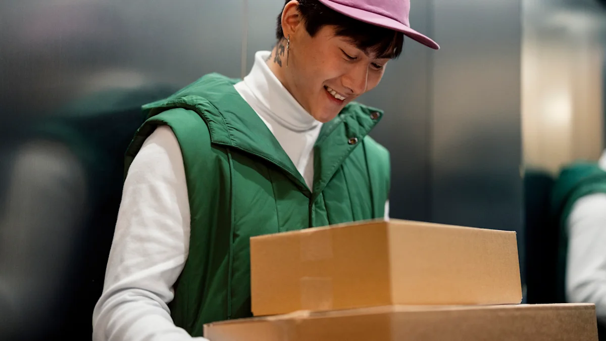 A happy customer is carrying two packages.