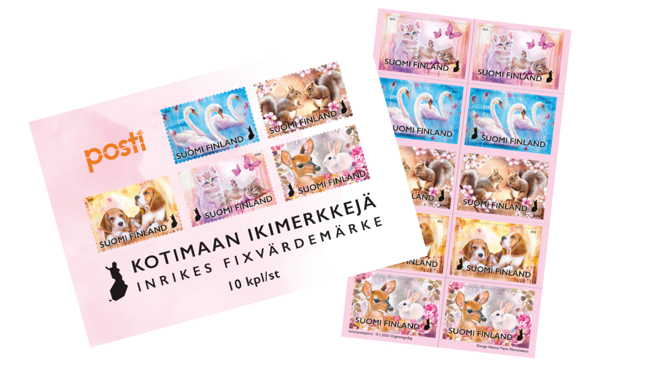 Tammikuun postimerkeissä söpöjä eläimiä, maalauksellisia kukka-asetelmia ja kultainen lahjapaketti