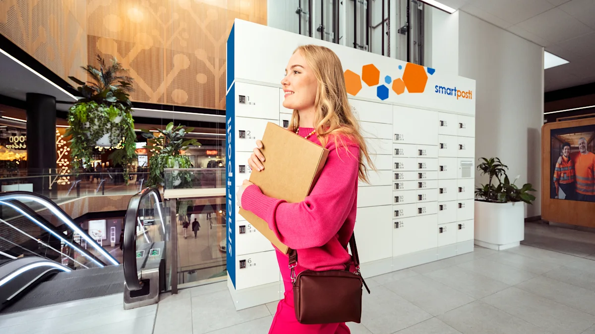 A woman in pink shirt carrying a package.