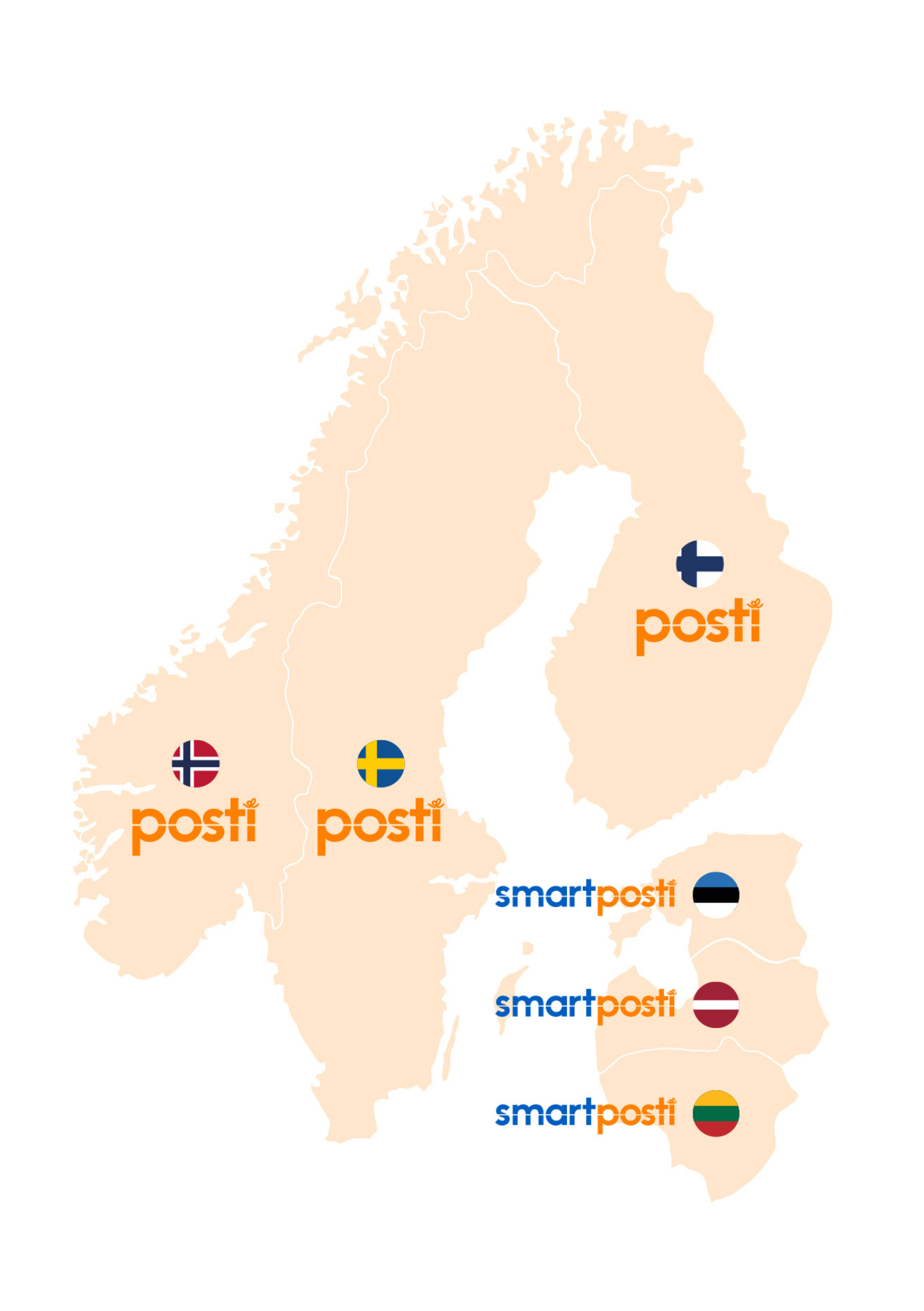 Kartta, jossa näkyvät Postin toimipaikat Suomessa, Ruotsissa ja Norjassa sekä SmartPostin sijainnit Virossa, Latviassa ja Liettuassa.