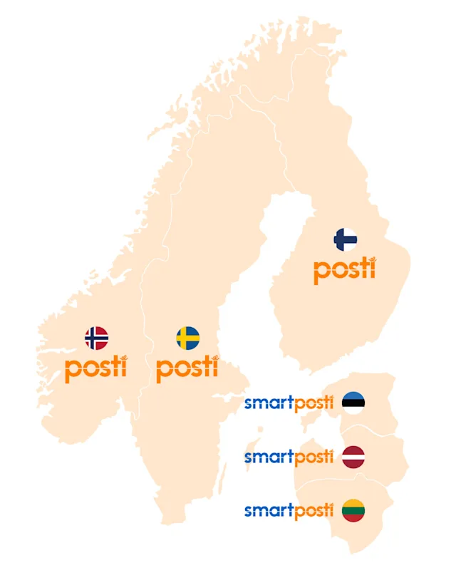 Kartta, jossa näkyvät Postin toimipaikat Suomessa, Ruotsissa ja Norjassa sekä SmartPostin sijainnit Virossa, Latviassa ja Liettuassa.