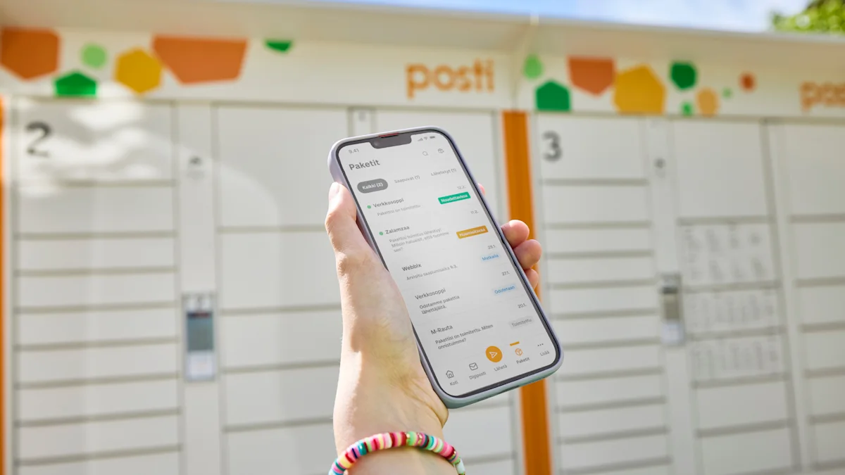 Käsi pitää älypuhelinta, jossa on auki Postin mobiilisovellus. Taustalla näkyy Postin pakettiautomaatti ulkona.
