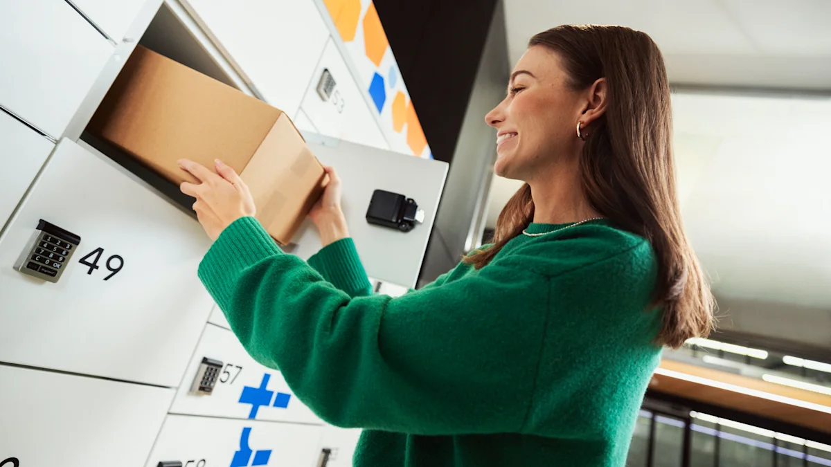 A woman in a green shirt using a parcel locker.