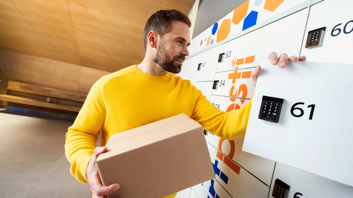 A man holding a package at a SmartPosti locker.