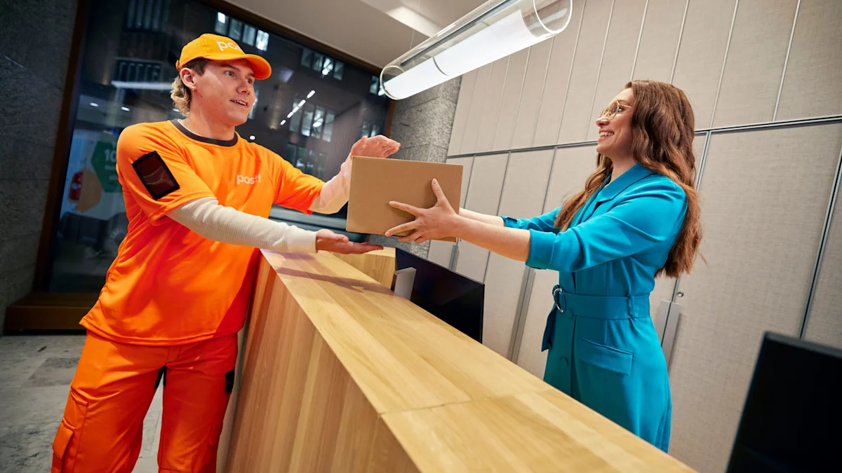 Posti employee transfering a parcel to a business person
