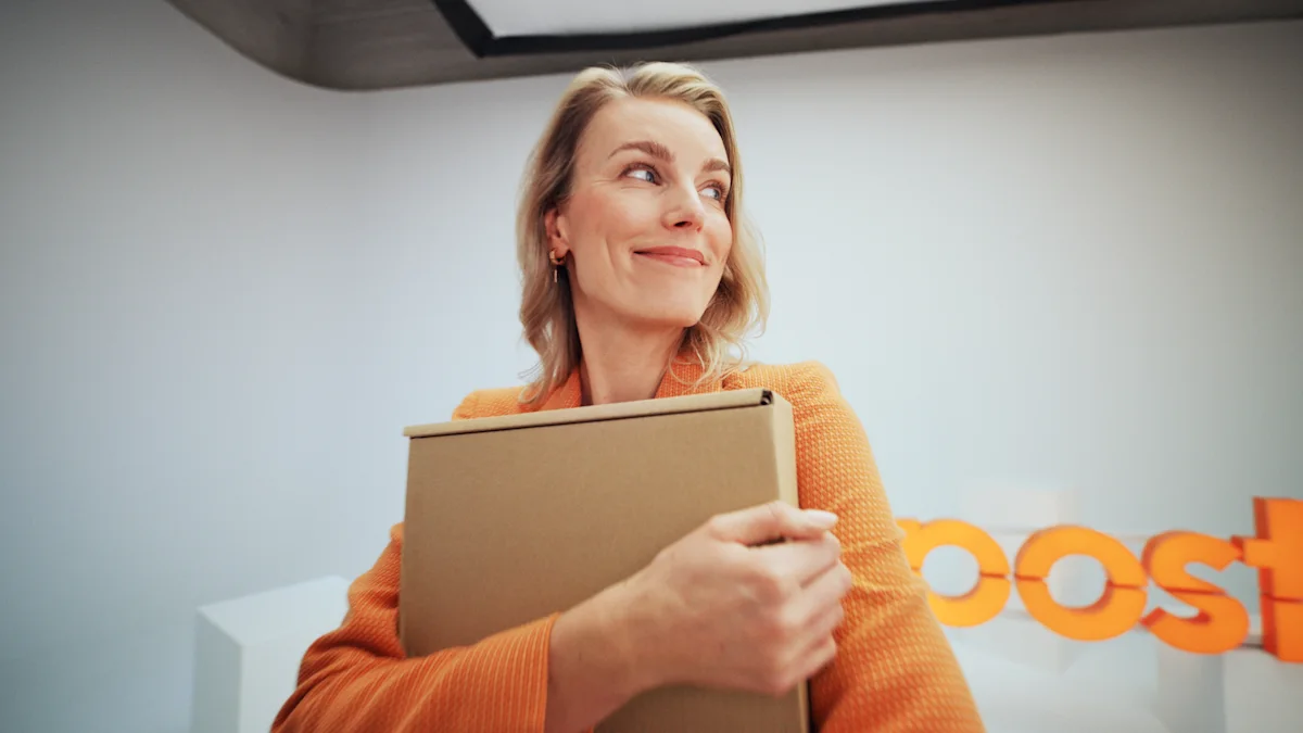 A woman in a pink shirt smiling and carrying a SmartPosti package.