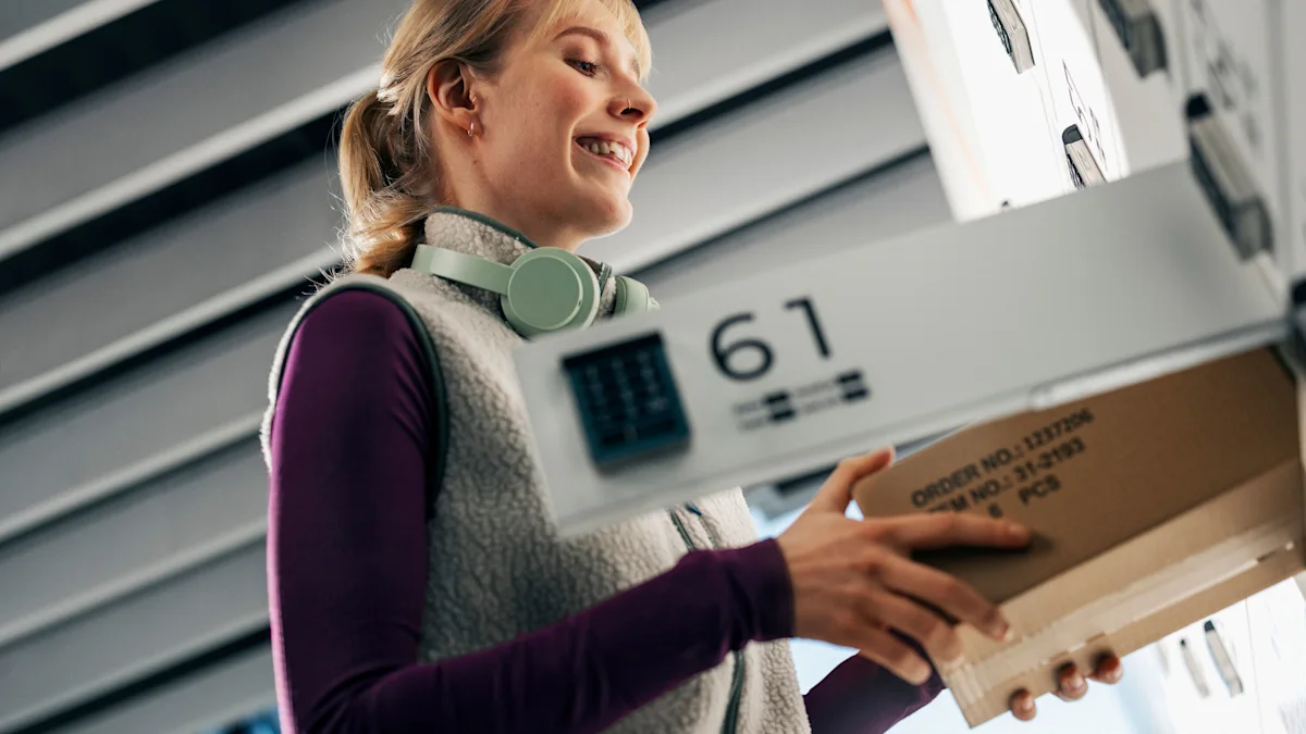 A woman is carrying a package.