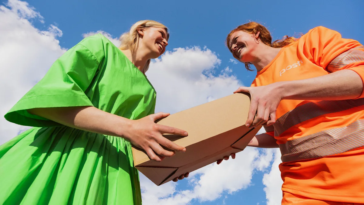 Two happy people with a package.