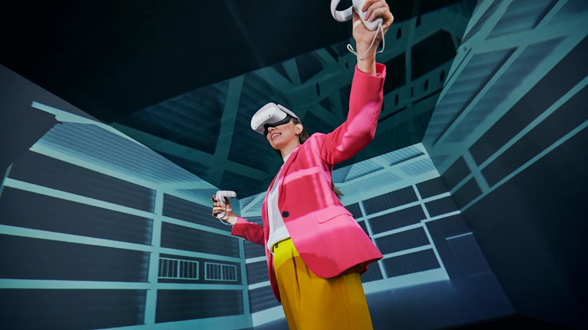 Persona izmanto VR brilles un kontrolierus digitālā vidē.