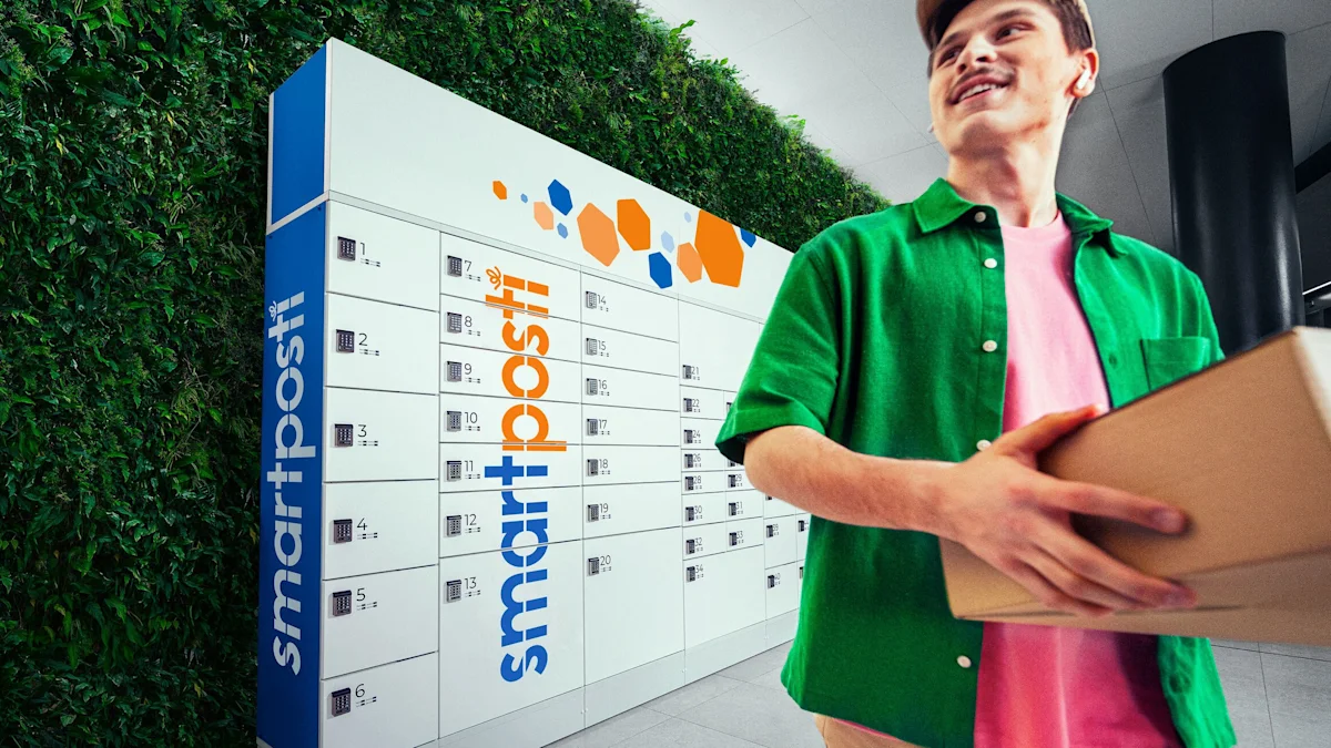 A man infront of a SmartPosti Locker.