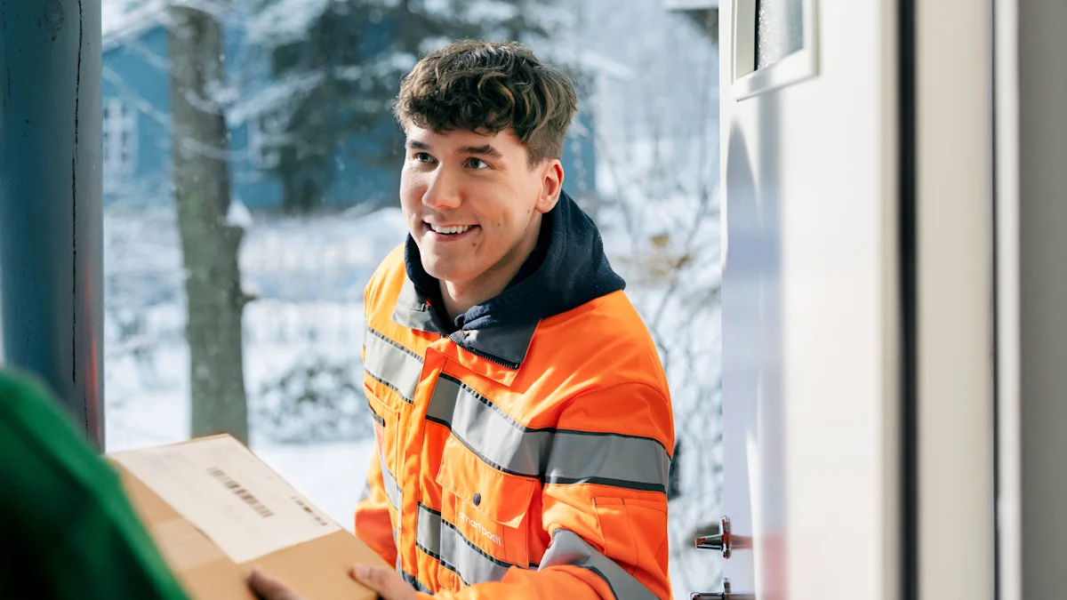 A SmartPosti worker delivering a package to a door.