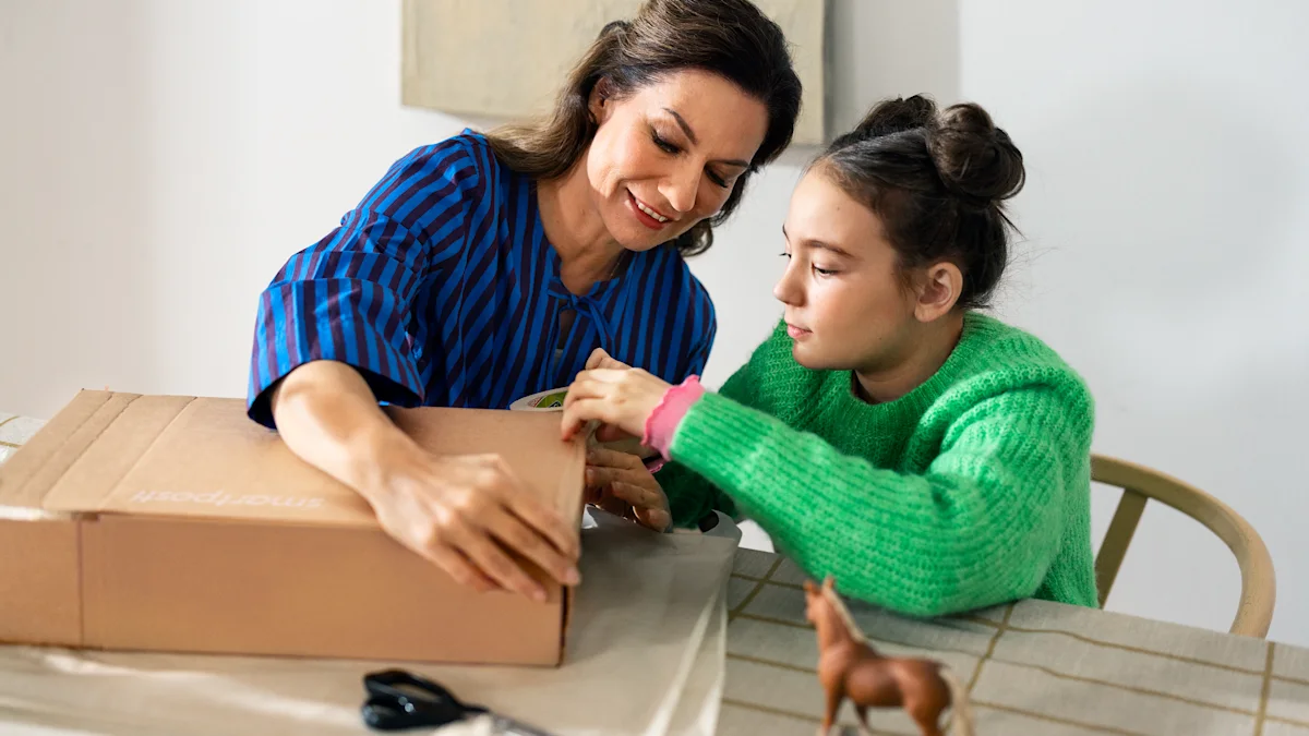 Mother and daughter packing a parcel