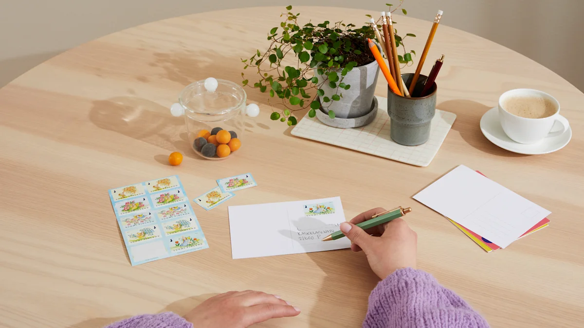 Postcards, stamps, and envelopes on a desk.