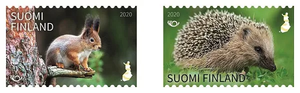 Two stamps with images of a squarrel and a hedgehog