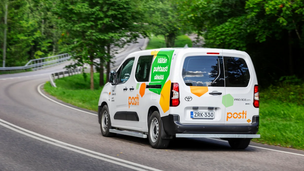 Posti delivery van driving on a forest road