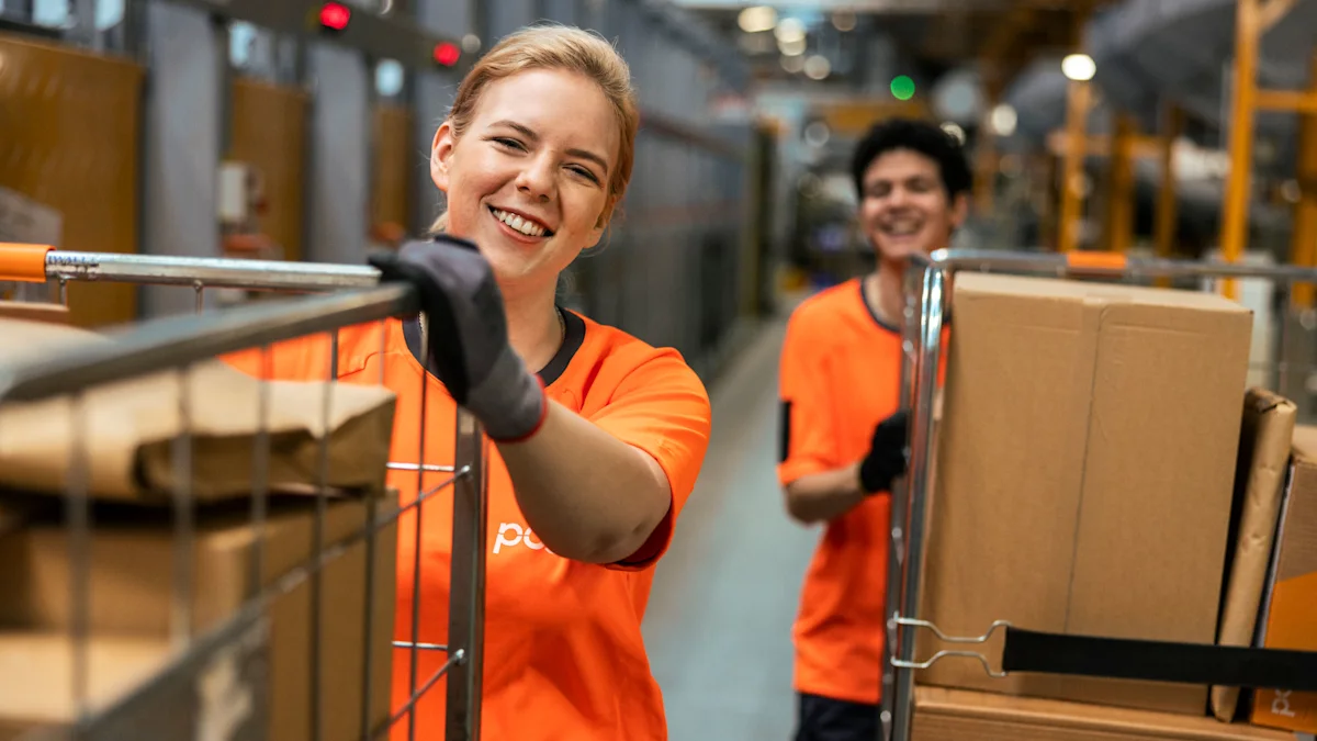 Two persons pushing a cart full of parcels