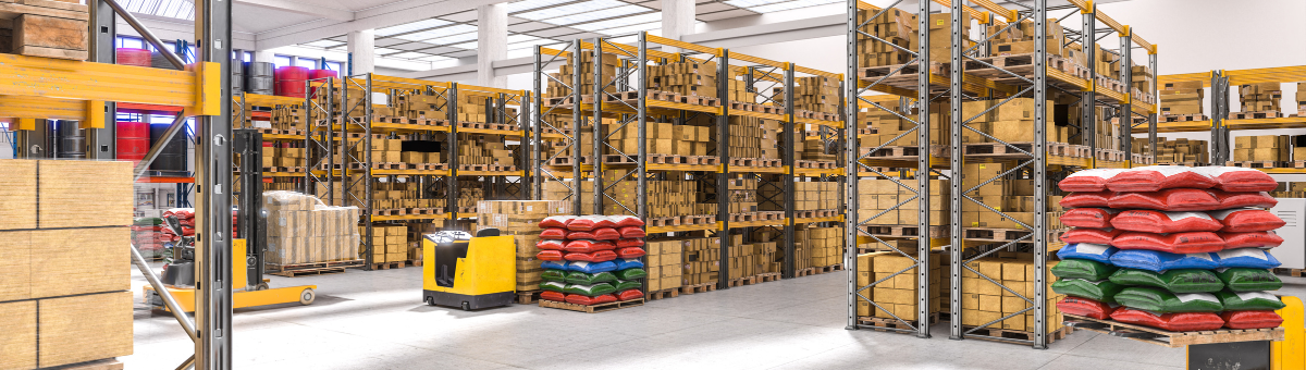 A large warehouse with big shelves.