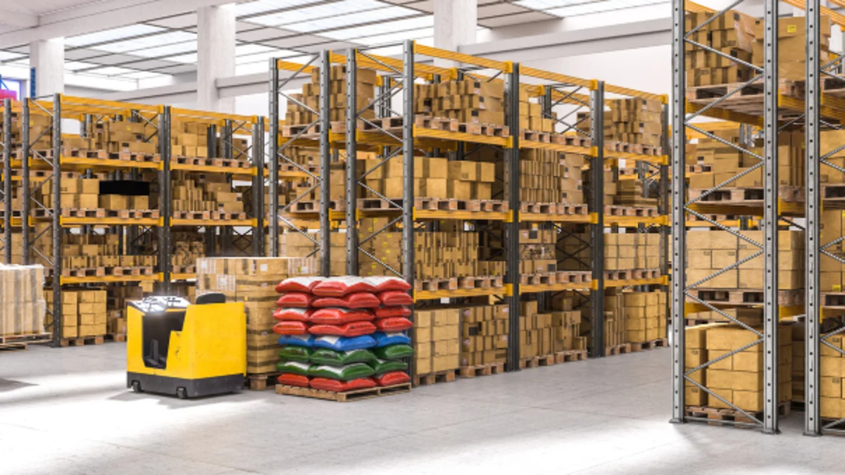 A large warehouse with big shelves.