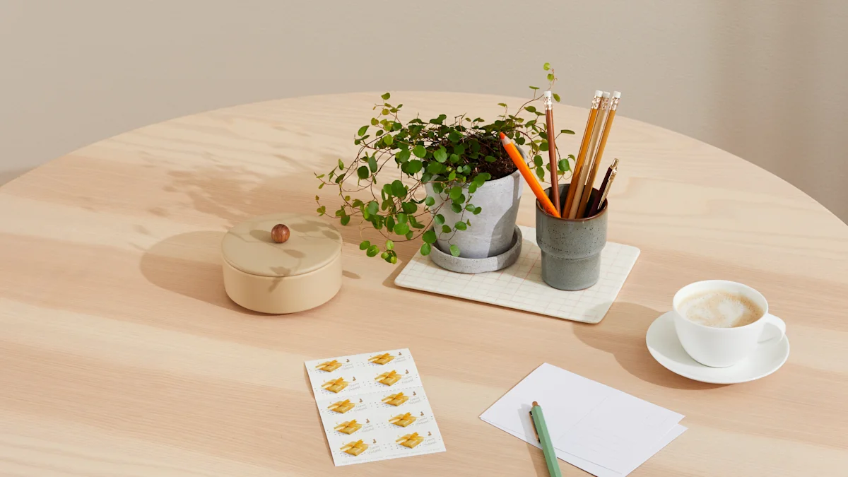 Stamps and envelopes on a table.