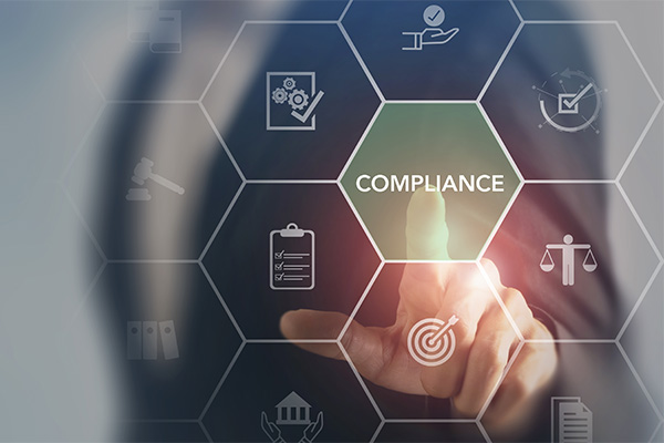 A digital interface with icons and the word "COMPLIANCE" highlighted.