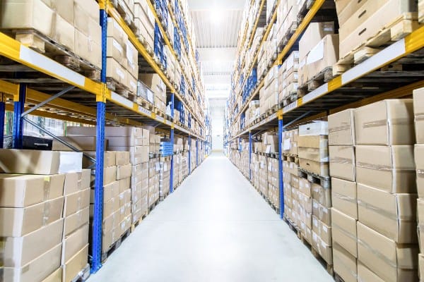 A warehouse in the United States filled with boxes