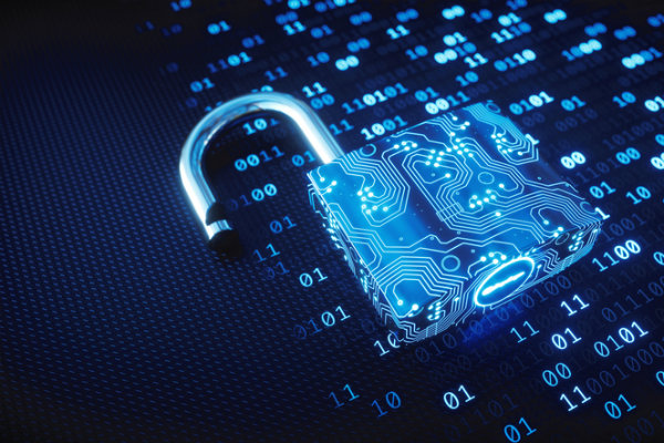 A padlock representing cybersecurity is shown on a blue background.