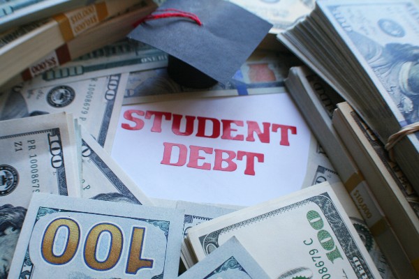 Text "STUDENT DEBT" positioned among 100-dollar bills.