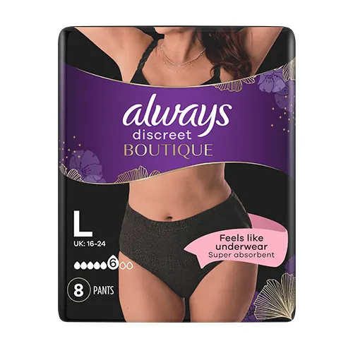 Always Discreet Boutique Black Large incontinence pants packaging