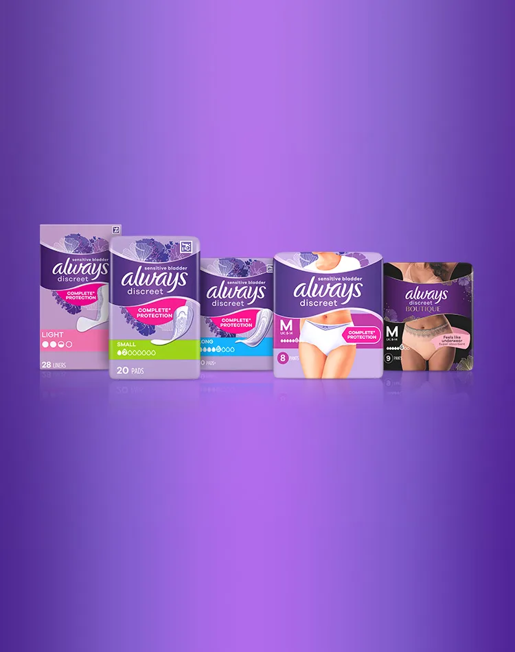 Range of Always Discreet Products on a purple gradient background