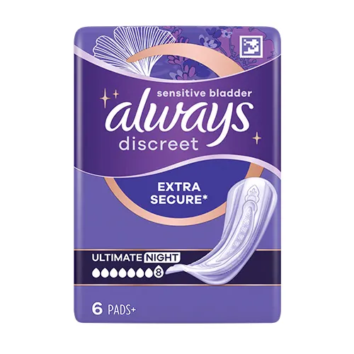 Always Discreet ultimate night pads, sensitive bladder, 8 drops, 6 count, without wings, extra secure. Plastic pack front panel in purple, Always logo dark purple.