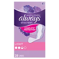 Always Discreet light liners, sensitive bladder, 2 and a half drops, 28 count, without wings, complete protection. Carton pack front panel in purple, Always logo dark purple.