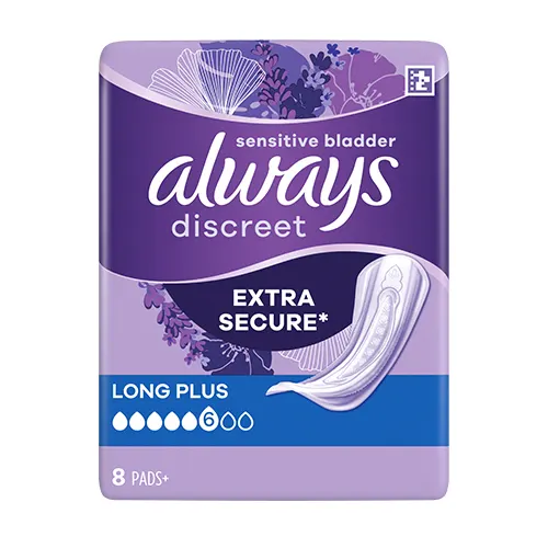Always Discreet long plus pads, sensitive bladder, 6 drops, 8 count, without wings, extra secure. Plastic pack front panel in purple, Always logo dark purple.
