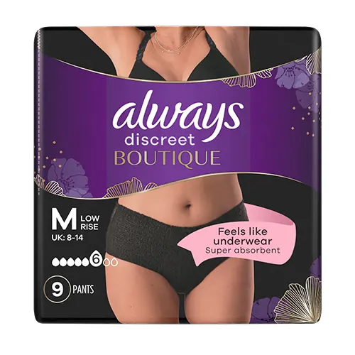 Always Discreet Boutique Black Low-Rise Medium incontinence pants packaging
