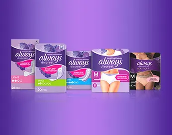 Range of Always Discreet Products on a purple gradient background