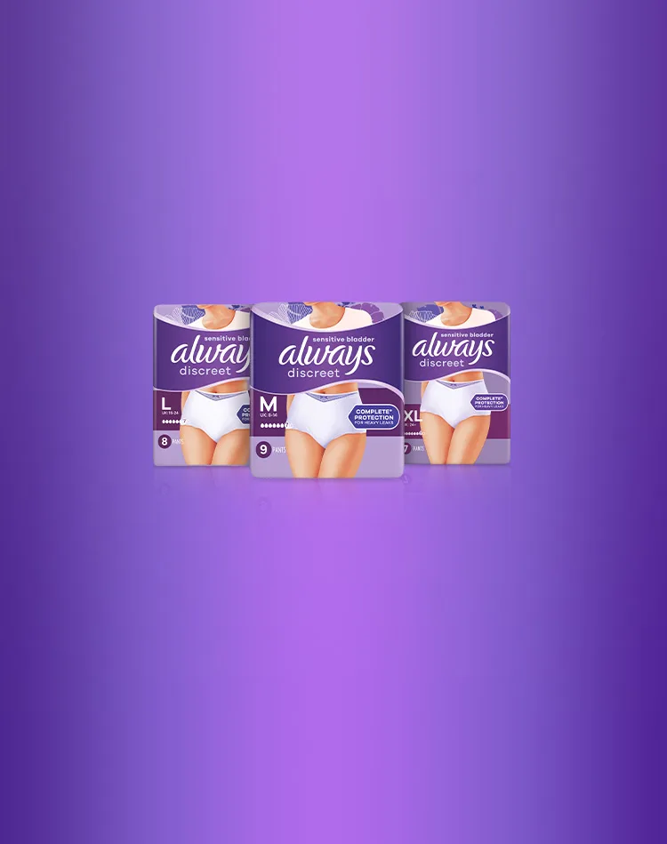 Always Discreet Incontinence Pants packs on a purple gradient background