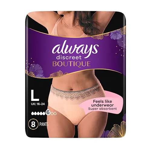 Always Discreet Boutique Beige Large incontinence pants packaging