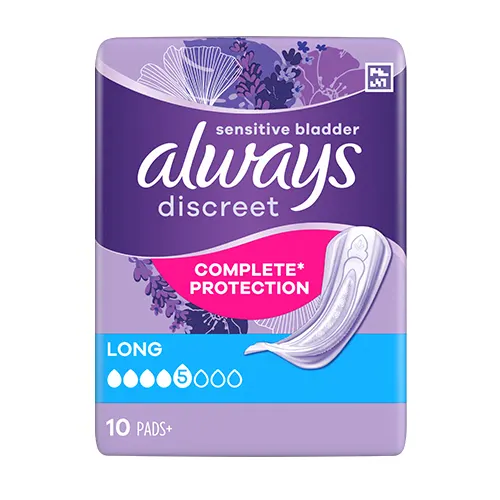 Always Discreet long pads, sensitive bladder, 5 drops, 10 count, without wings, complete protection. Plastic pack front panel in purple, Always logo dark purple.