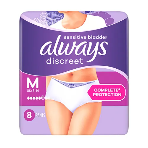 Always Discreet medium pants, sensitive bladder, 6 drops, Size UK 8-14, EU 36-42, 8 count, complete protection. Plastic pack front panel in purple, Always logo dark purple.