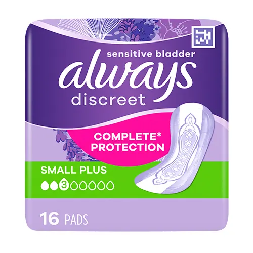 Always Discreet small plus pads, sensitive bladder, 3 drops, 16 count, without wings, complete protection. Plastic pack front panel in purple, Always logo dark purple.