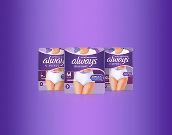 Always Discreet Incontinence Pants packs on a purple gradient background
