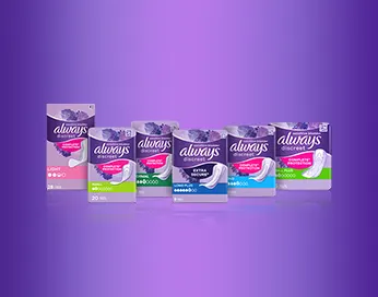 Always Discreet Pads and Liners on purple gradient background