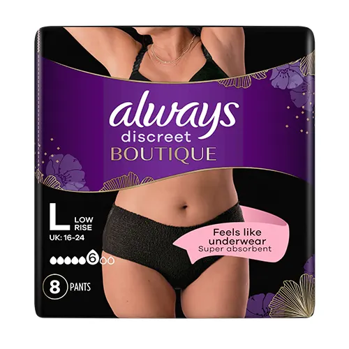 Always Discreet Boutique Black Low-Rise Large incontinence pants packaging